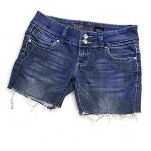 y2k mcbling rhinestone navy blue denim cutoff mid-rise shorts with frayed hem